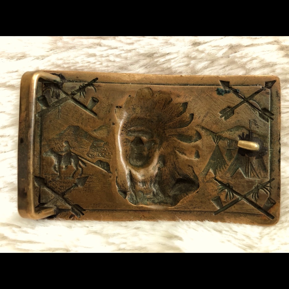 Vintage 1940s Patented Indian Chief Brass Belt Buckle - Picture 3 of 6
